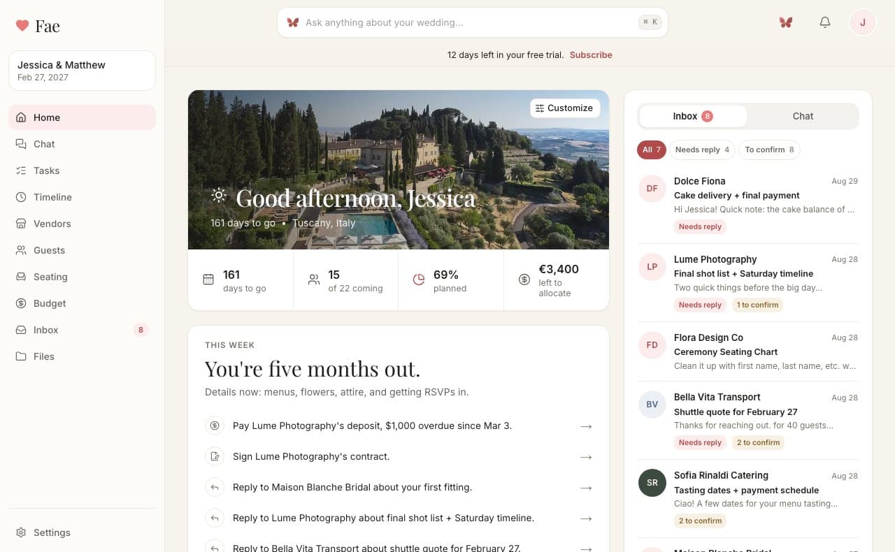 The Fae home page: days to go, this week's priorities and the vendor inbox